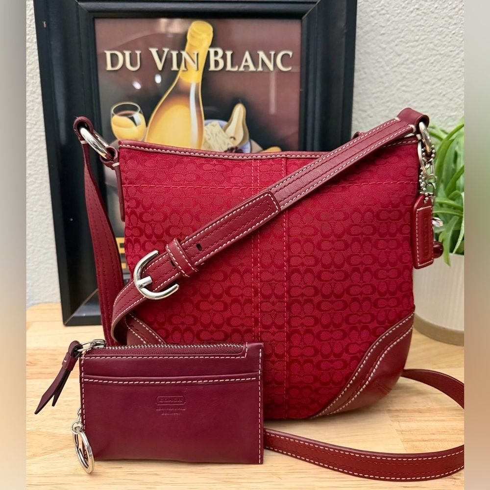 COACH Vintage 3 Piece Set Red Mini “C” Canvas & Leather Tote, Crossbody, Wallet. - Picture 7 of 11